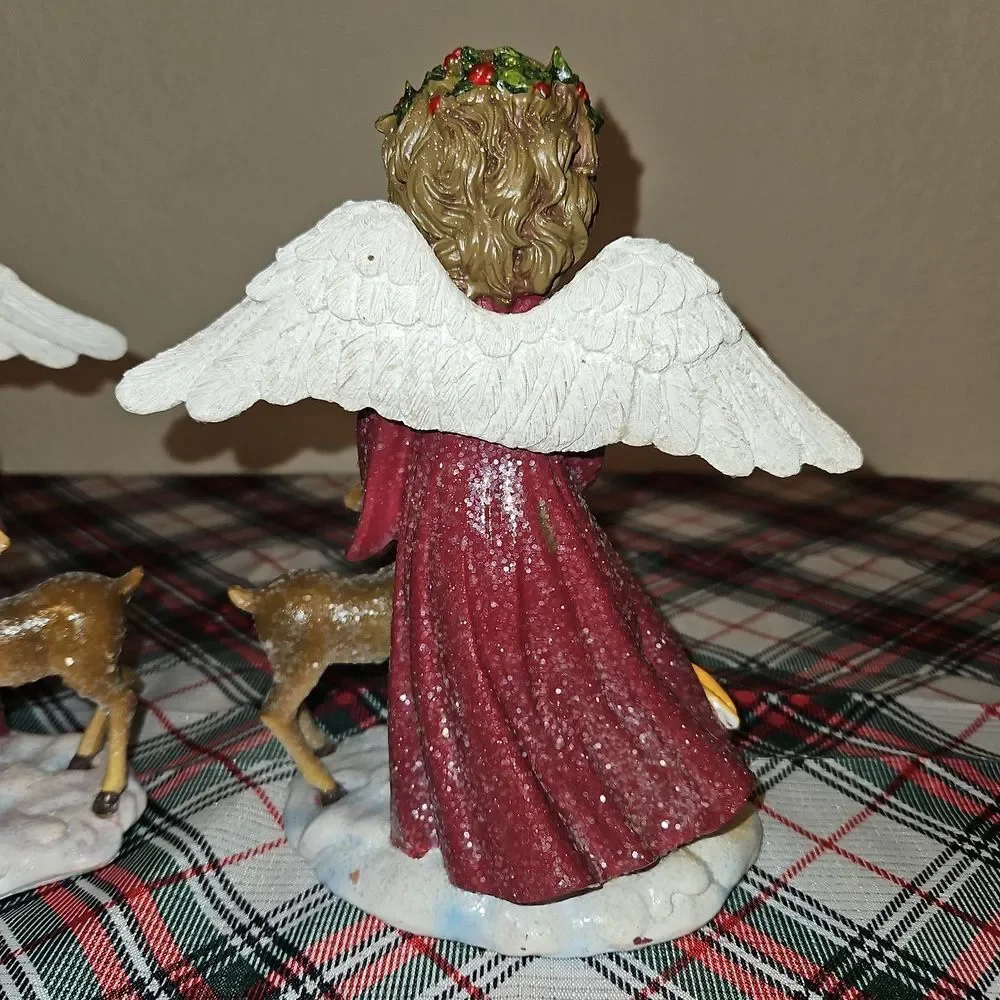 Set Of 2 Adorable Sparkly Angel & Friends Holiday Figurines Table Accent Decor